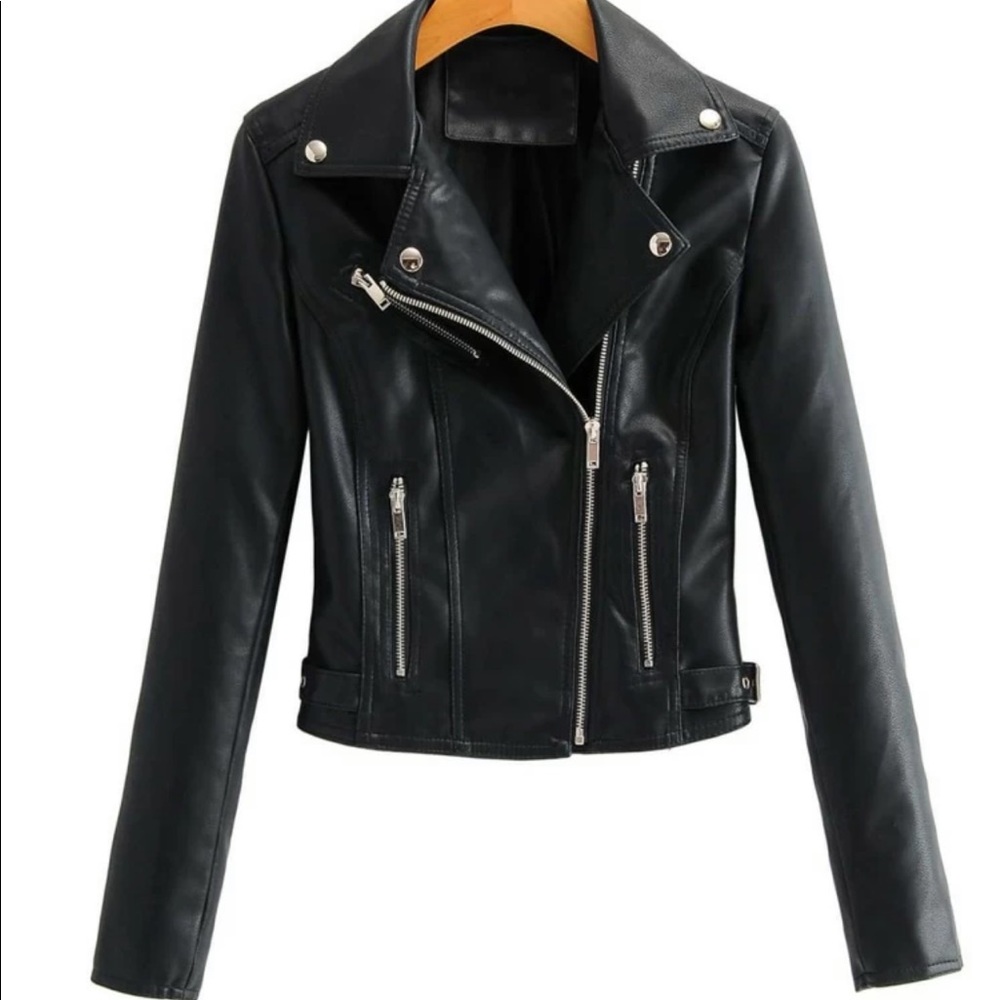 Vegan leather jacket zipper arms glam classic moto red - Picture 6 of 11